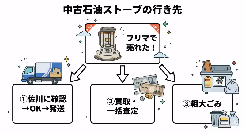 中古石油ストーブが売れた後の対応フローチャートイラスト。佐川急便で発送・買取査定・粗大ごみの3ルートに分岐する図