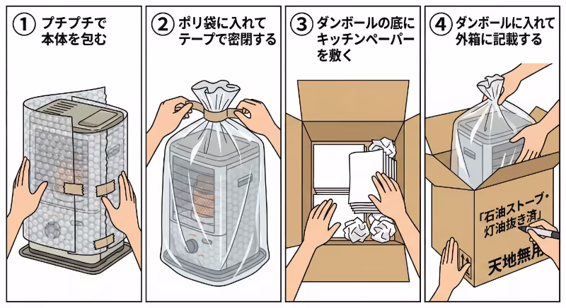 中古石油ストーブの梱包手順を示した4ステップのイラスト。プチプチで包む・ポリ袋で密閉・吸水材を敷く・段ボールに入れて品名記載までの流れ