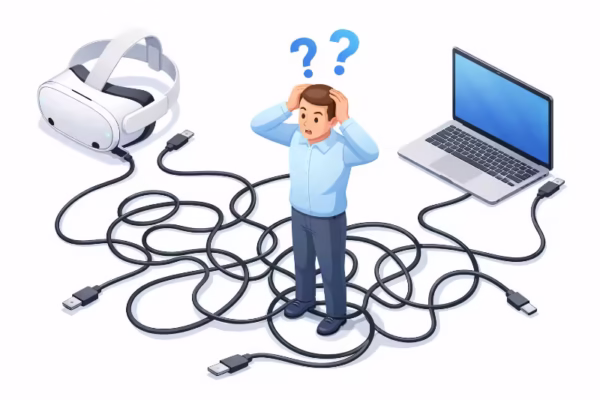 Meta Quest 3とMacを繋ぐ複雑に絡まったUSB-Cケーブルに囲まれて、困り果てている人のモダンな3Dアイソメトリックイラスト。高品質なベクタースタイル、クリーンな線、プロフェッショナルなテックブログ風の造形。背景は純粋な白で、被写体のみを配置。