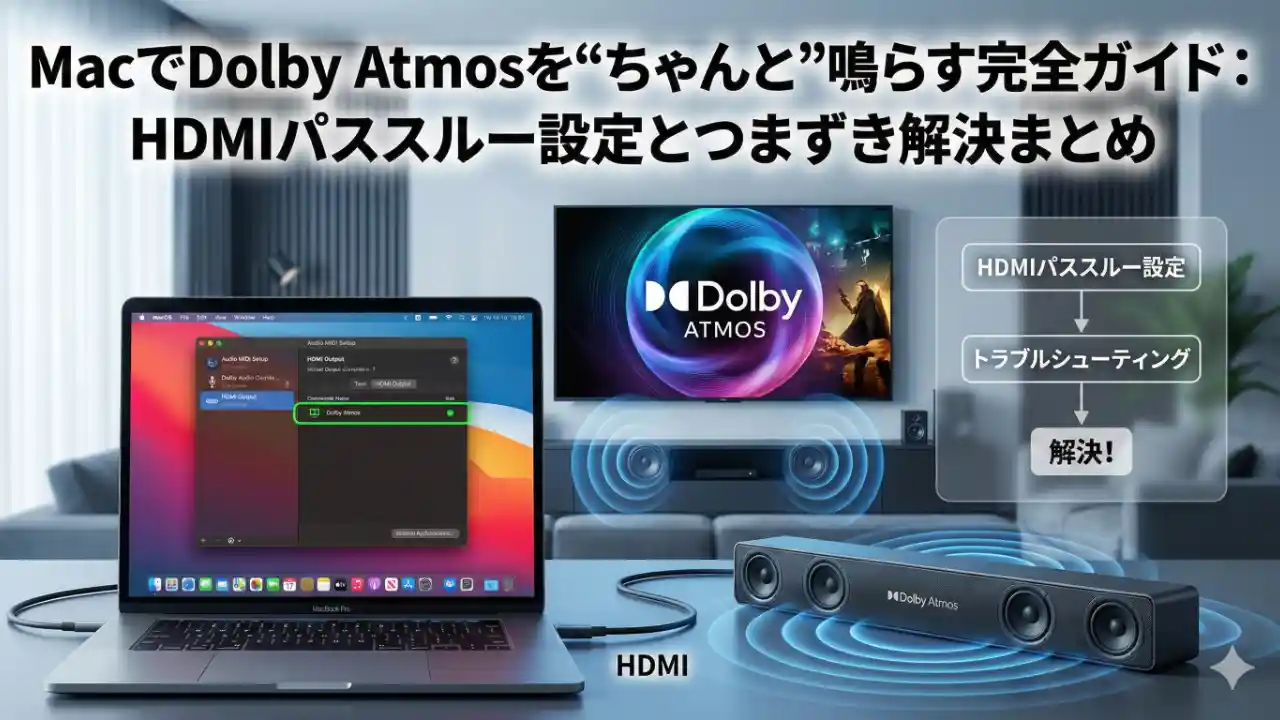 MacBook ProとサウンドバーをHDMIケーブルで接続し、Dolby Atmosのロゴが輝いているイメージ