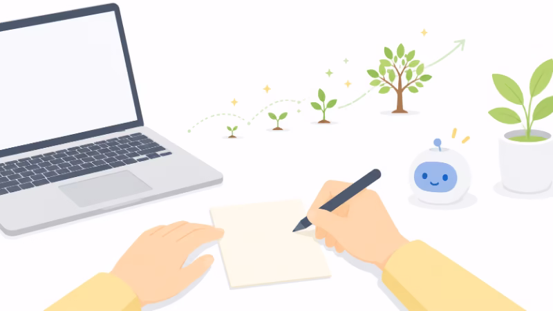 Markdownで最初のメモを書き始める小さな一歩を表したイラスト