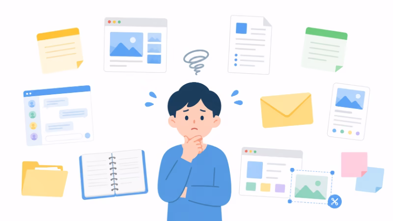 複数のアプリや場所に情報が散らばり、管理が難しくなっている様子のイラスト