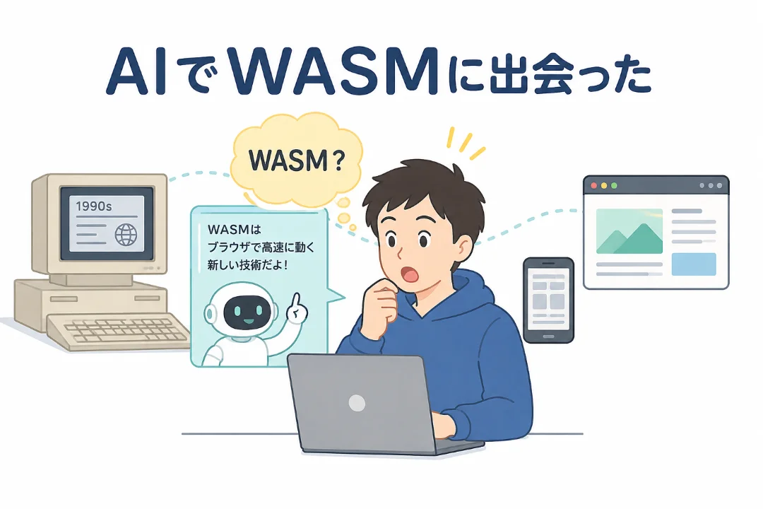 非エンジニアのブロガーがAIとの会話でWASMに出会い驚いているフラットイラスト