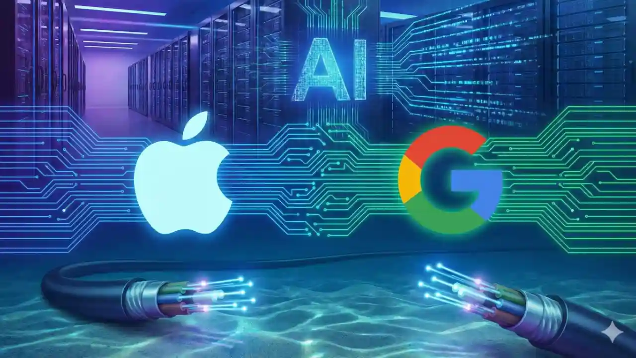 AppleのロゴとGoogleのロゴがデジタル回路で結ばれているイメージイラスト。背景にはAIデータセンターと海底ケーブルの抽象画。
