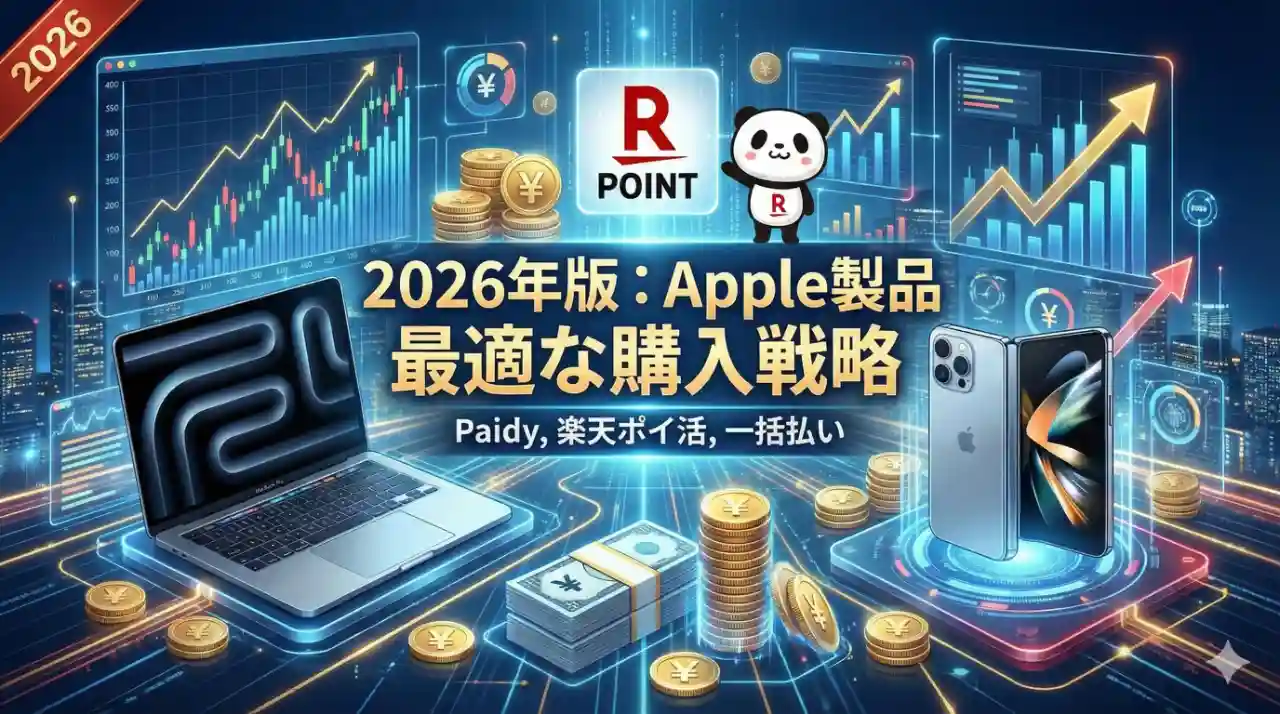 最新のMacBook ProとiPhoneが、株価チャートと日本円、そして楽天ポイントのロゴに囲まれているイメージ画像。中央には「2026年版：Apple製品 最適な購入戦略」という文字が入っている。