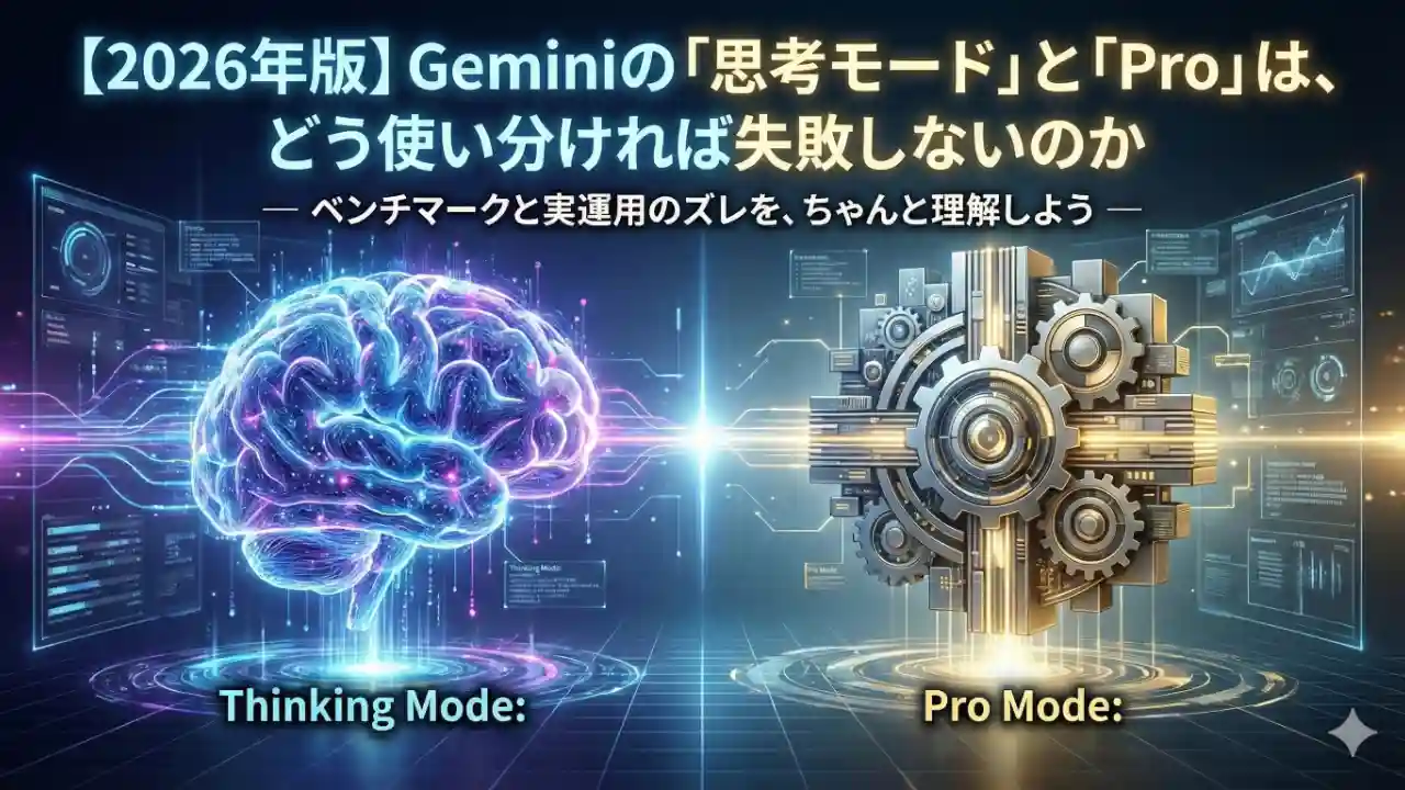 2026年版 Gemini 3 思考モードとProモードの使い分けを象徴する、知的な光を放つAIの脳と安定したプロフェッショナルな抽象的イメージの対比