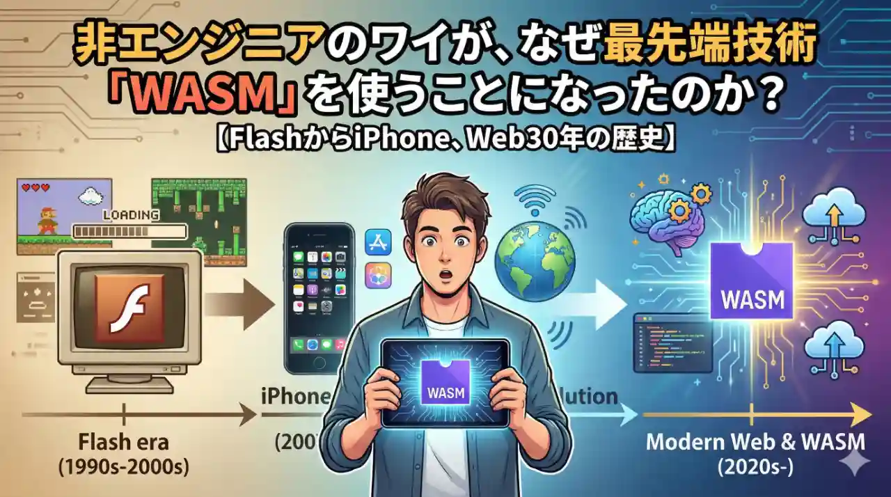 非エンジニアがWASMという技術に至るまでの、Webの歴史を学んでいるイラスト。