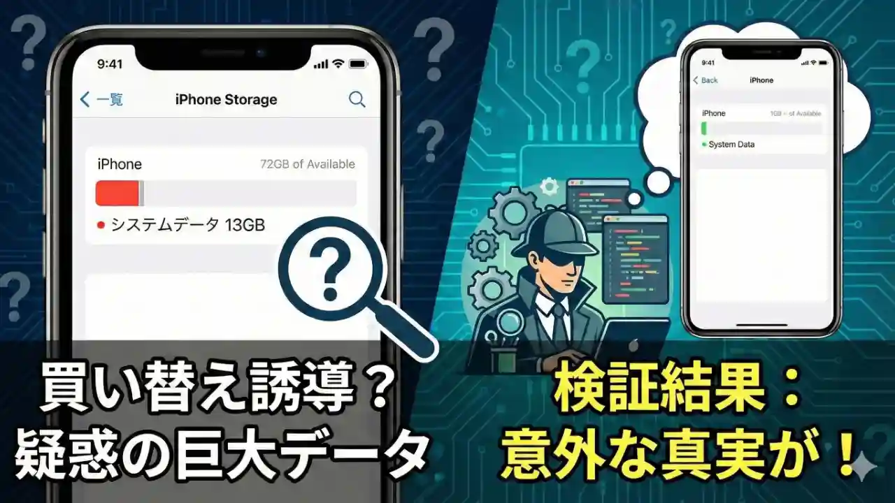 iPhoneのストレージ設定画面でシステムデータとApple Intelligenceの容量を確認している様子と、容量不足を解消するイメージ画像