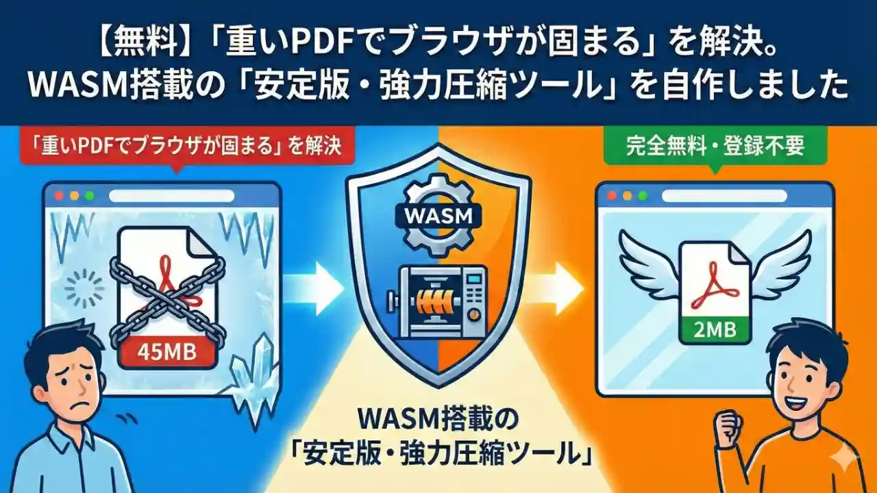 重たいPDFをWASM搭載の圧縮ツールを使って軽量化しているイラスト。