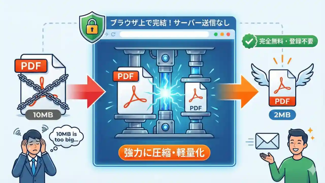 PDFをブラウザ完結型ツールで、安全に圧縮しているイラスト
