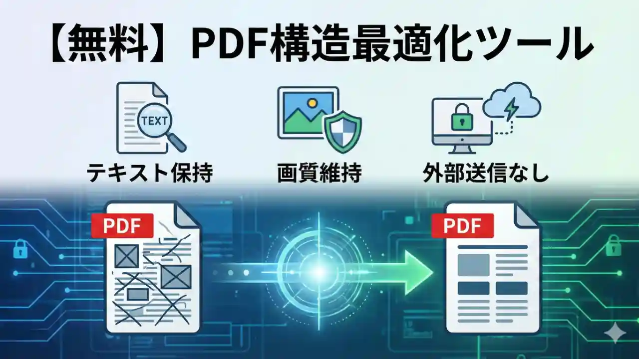 PDFの構造をツールを使って最適化しているイメージ。