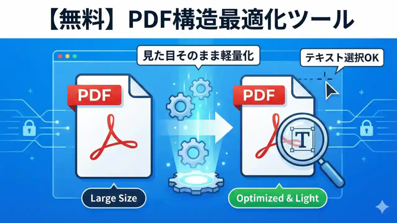 テキスト情報を維持したままPDFの内部構造を整理しているイメージイラスト。