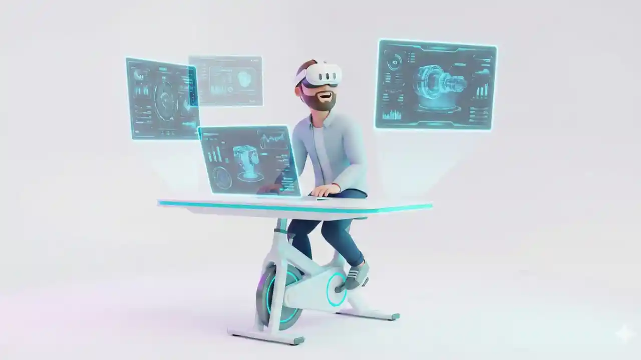 白いVRヘッドセット（Meta Quest 3に似ている）を装着してデスクバイクに乗っている男性。彼の周りには、空中に浮かぶ3枚の輝くハイテクなホログラムスクリーンがある。彼は驚き、喜んでいる様子。未来的なインターフェース、シアンと青のネオンライト、クリーンな3Dレンダリング、背景は白。