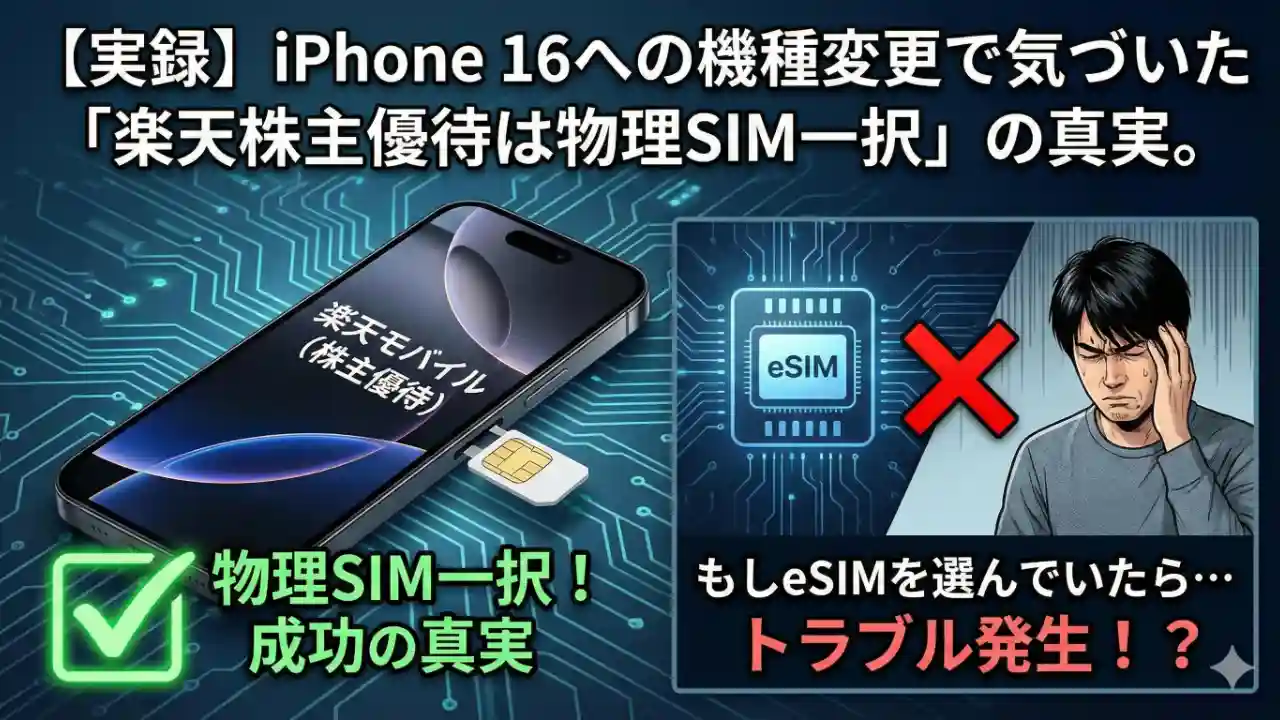 楽天株主優待のSIMは物理SIMは楽で、eSIMだと頭を悩ませる問題があることを示しているイラスト