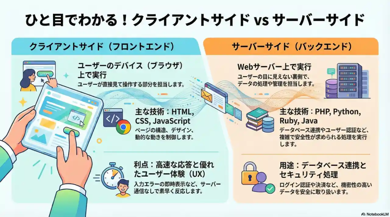 クライアントサイドとサーバーサイドの違いを説明しているイラスト。
