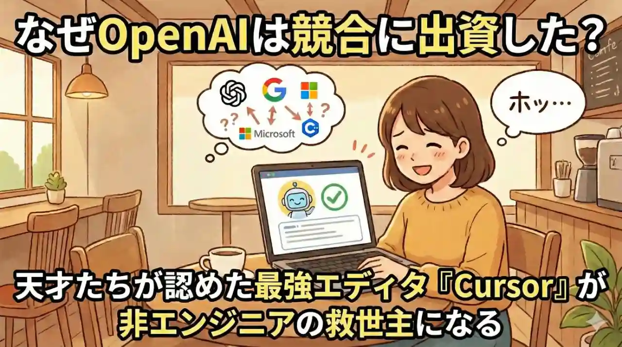 OpenAIやテック界の巨人がこぞってCursorに出資している背景と、それを選んで安堵する非エンジニアのイメージイラスト