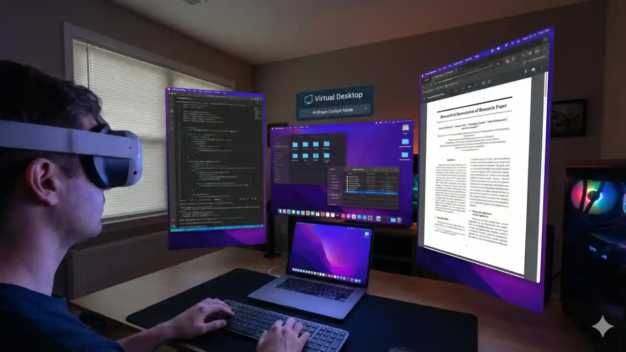 Meta Quest 3を装着してVirtual Desktopを使用し、Macの画面を縦横縦の3画面（H型コックピット）で表示しているイメージ
