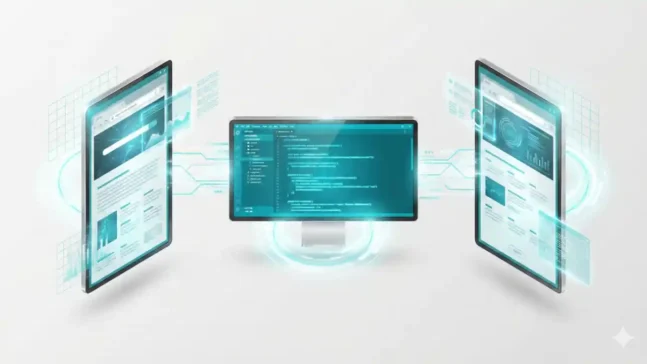 未来的な仮想ワークスペースのアイソメトリック3Dイラスト。「H」型に配置された3つの浮遊モニター。中央のモニターは横向きでテキストエディタを表示。左右のモニターはポートレート(縦)向きでWebブラウザを表示。物理的なスタンドはなく、空中に浮いている画面。洗練されたシアンと白の配色、テクノロジーの雰囲気、白背景で分離。