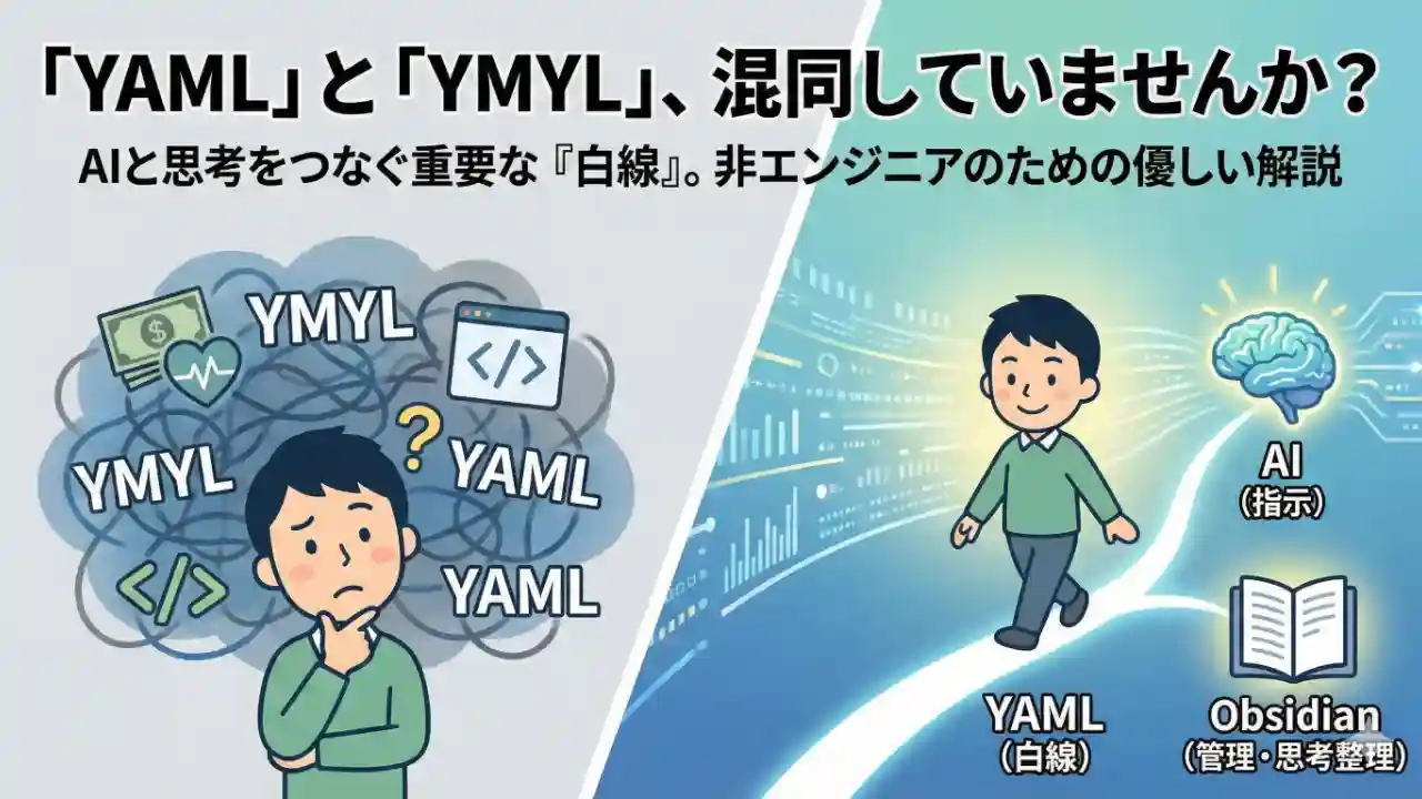「YAML」と「YMYL」を混同していませんか？実はYAMLは、AIへの指示やObsidianの管理を劇的に変える重要な「白線」です。非エンジニアの私が勘違いから学んだ、AI時代の思考整理術とYAMLの具体的な書き方を優しく解説します。