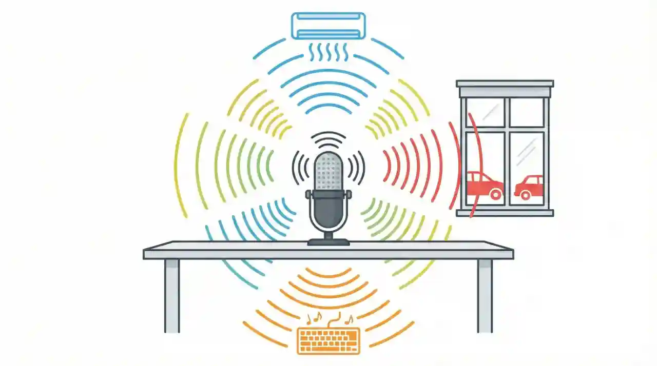 コンデンサーマイクがエアコンやキーボードなどの環境音を拾ってしまうイメージ図