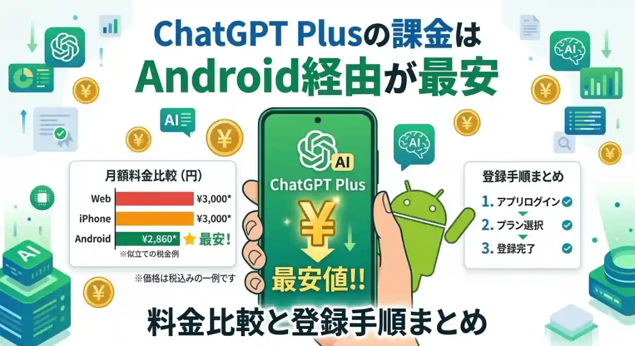 ChatGPTへの課金はAndroidが安いことを示すアイキャッチ