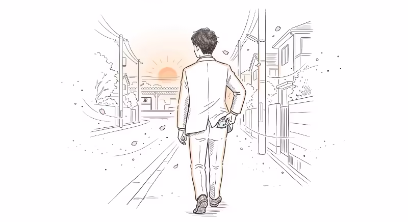 花粉の舞う帰り道を一人で歩くスーツ姿の男性の後ろ姿のイラスト