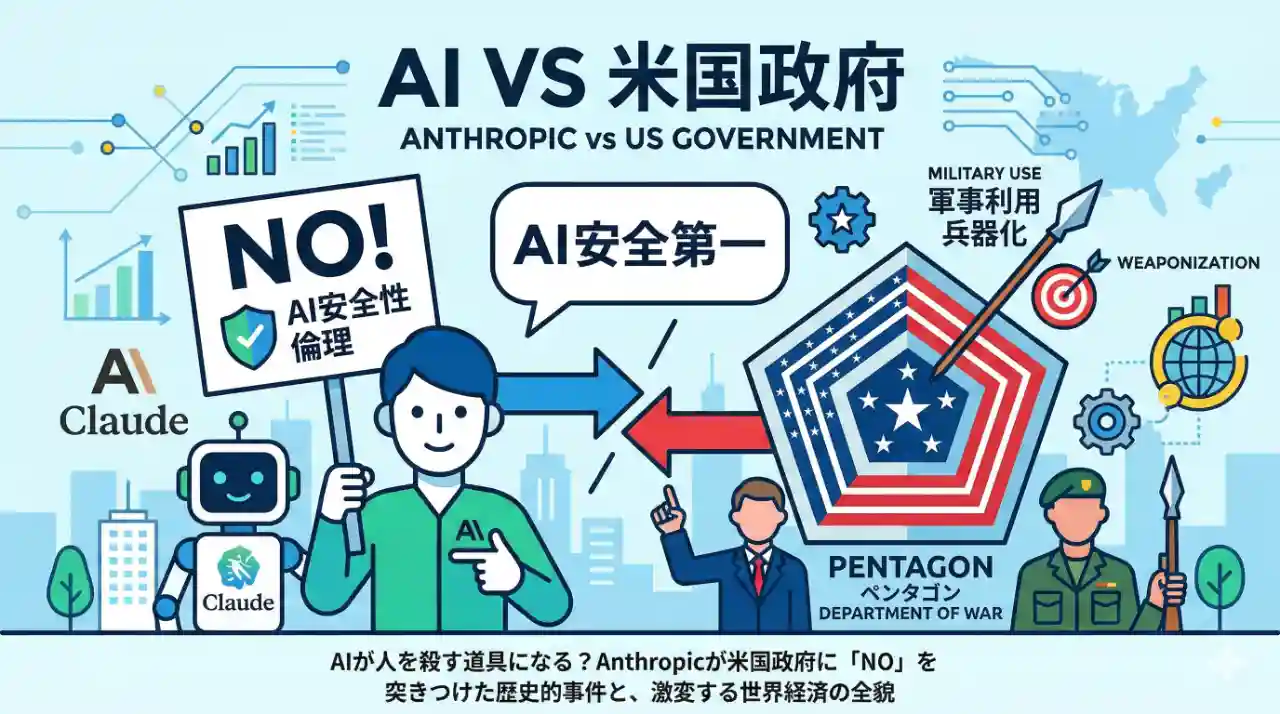 米国政府からの軍事利用要求に対し、盾を掲げて「NO」と意思表示をするAnthropicのAIロボットのフラットイラスト。
