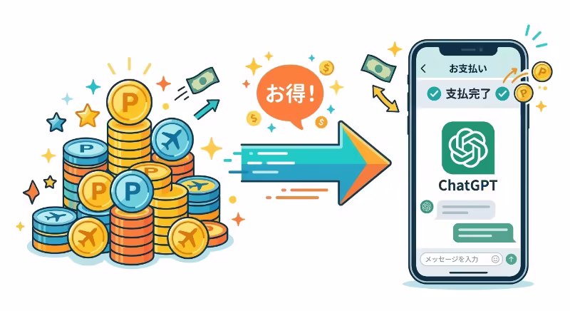楽天ポイントやANAマイルなどをChatGPT Plusの支払いに活用するイメージイラスト