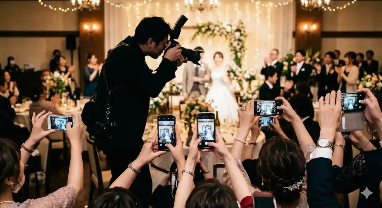 結婚式の写真タイムでスマホを構える参列者の手元とプロカメラマンのシルエット