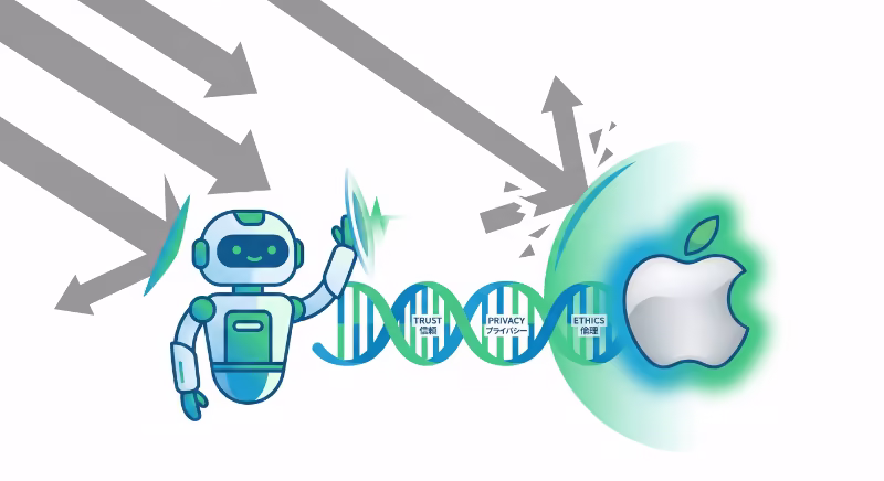 政府の圧力に屈しない「信頼のDNA」を共有する、AnthropicのAIロボットとAppleの象徴(林檎)が並ぶフラットイラスト。