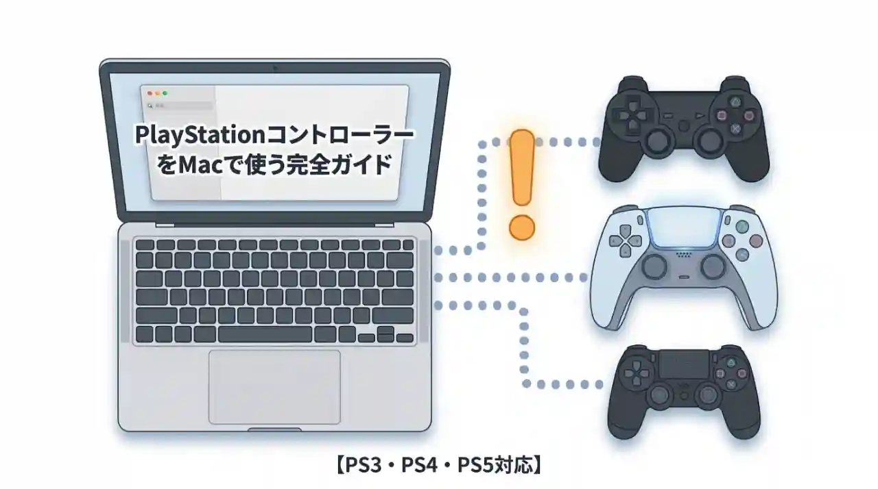 PlayStationコントローラーをMacで使うことを表したイラスト