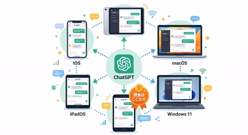 Androidで課金したChatGPT PlusがiPhone・Mac・Windows・iPadなど全デバイスで使えることを示すイラスト