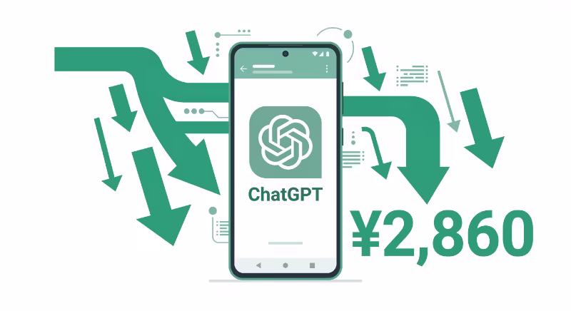 AndroidスマホのGoogle Play経由でChatGPT Plusを最安値の月額2,860円で契約できることを示すイラスト