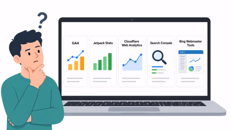 WordPressのアクセス解析ツール選びで迷っているイメージ