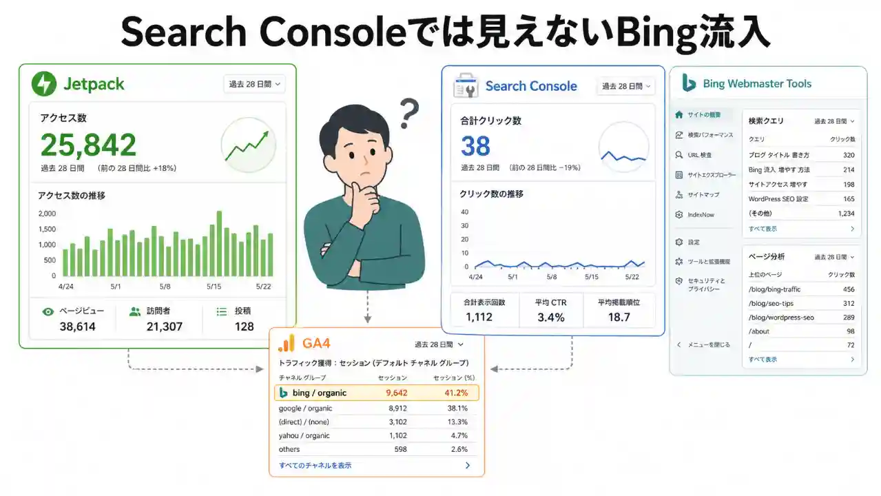 Bing流入をGA4とBing Webmaster Toolsで確認する流れを示したアイキャッチ画像
