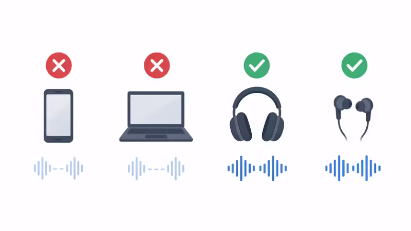 40Hzトーンの再生に適した機器と適さない機器を比較したフラットデザインのイラスト。スマートフォンやノートPCは不適、ヘッドフォンやカナル型イヤホンを推奨。