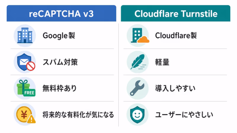 reCAPTCHA v3とCloudflare Turnstileの特徴を比較した図