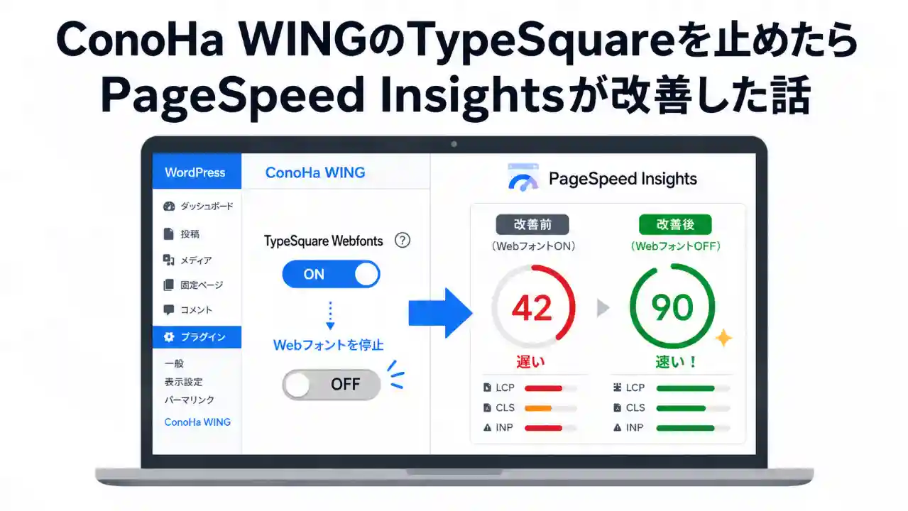 ConoHa WINGのTypeSquare Webfontsを停止してPageSpeed Insightsが改善したことを示すアイキャッチ画像