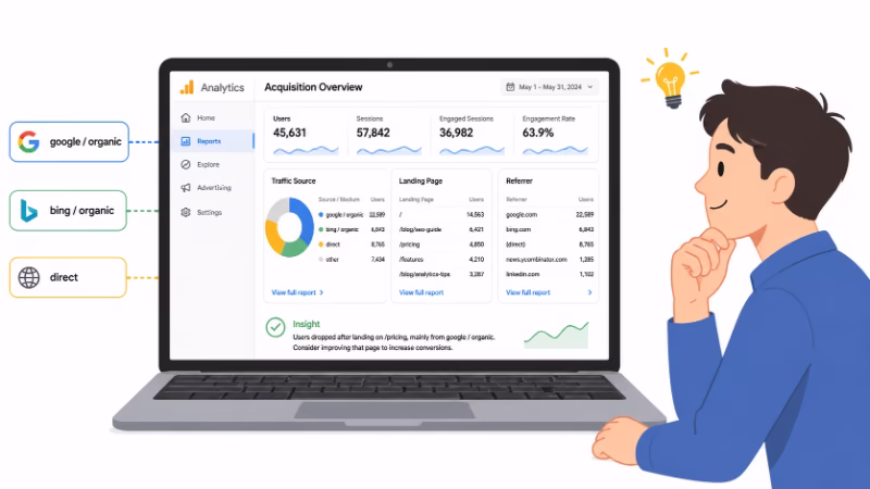 GA4で流入元や入口ページを詳しく確認しているイメージ