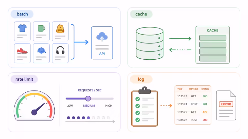 API利用制限に備える実装対策を4項目で示したフラットデザインの図解