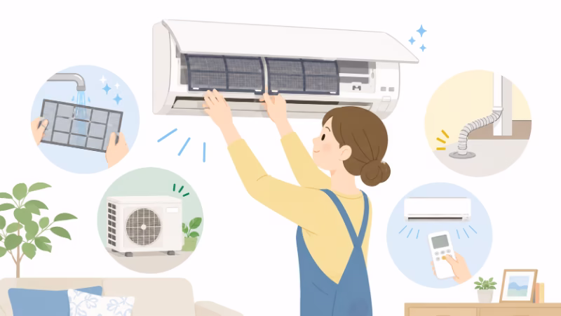 夏前に家庭でエアコン掃除と試運転の準備をしているイラスト