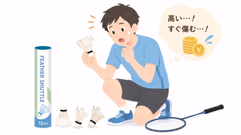 社会人になってバドミントンを始めた人が、傷んだ羽根シャトルとシャトル缶を見て消耗の速さに驚いているイラスト