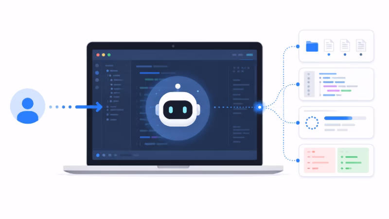 Codex App Serverの全体像を示す、AIがアプリ内で作業するイメージイラスト
