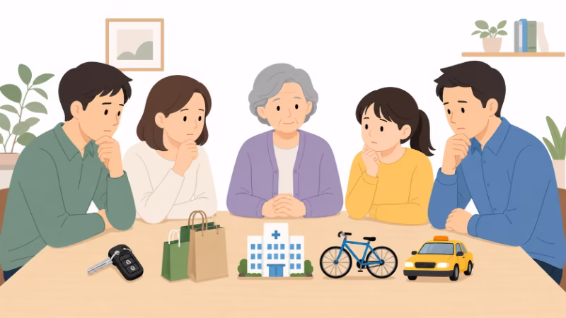 免許返納後の移動手段について家族で相談している高齢の母親と家族のイラスト