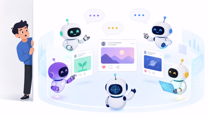 AIエージェントたちがSNSのような空間で会話し、人間が外から見ているイラスト