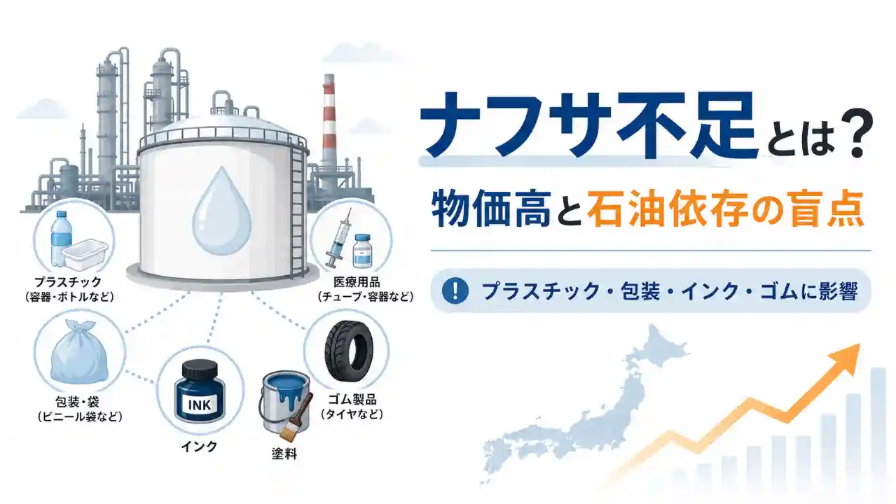 ナフサ不足がプラスチック、包装、インク、ゴム製品、医療用品、塗料などに影響し、物価高や石油依存の問題につながることを示した図解アイキャッチ