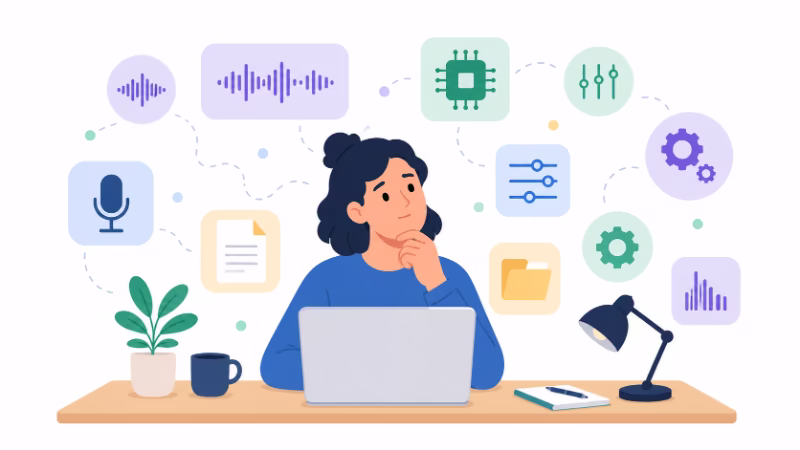 WhisperやMLXなど似た用語が多く、Macの前で整理しようとしている人物のイラスト