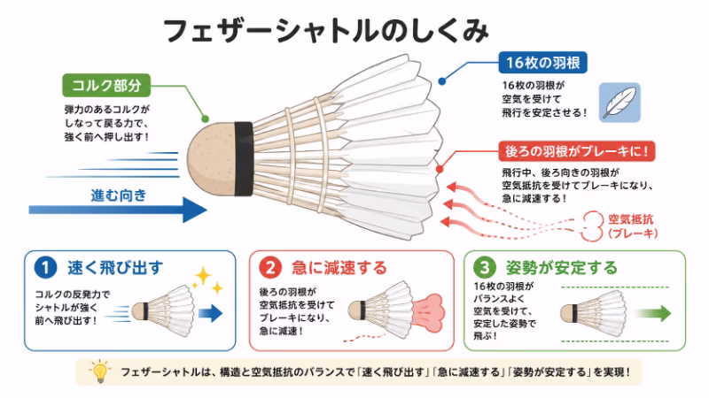 フェザーシャトルの構造と、空気抵抗を利用して速く飛び出してから急減速する仕組みを示した図解イラスト
