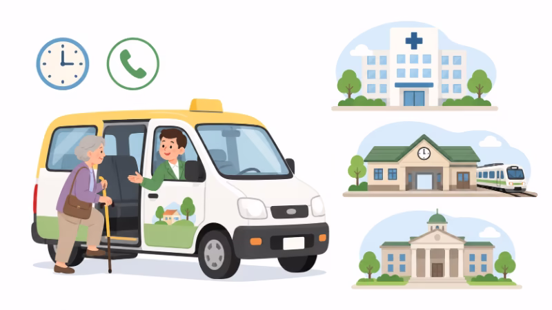 高齢者がコミュニティタクシーを利用して病院や駅に向かうイラスト