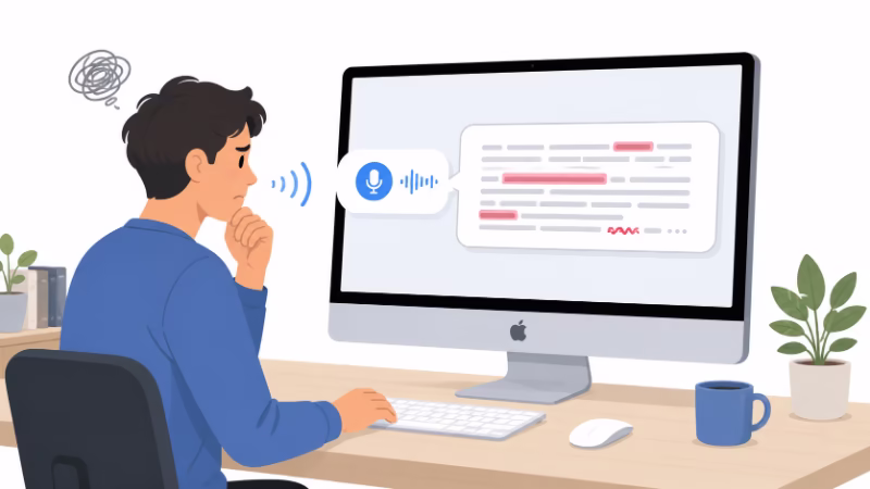 Macの標準音声入力を使いながら、誤字の修正に少し困っている人物のイラスト